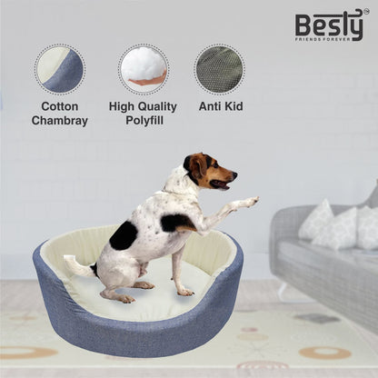 Besty Fox Style Fleece Bed Oval Shape made of Cotton Chambray (Export Quality) Bed  for Dog/Cat (Small, Light Blue)