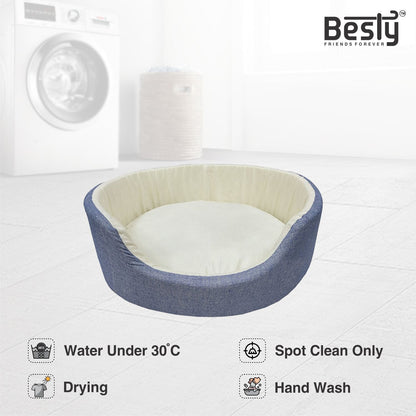 Besty Fox Style Fleece Bed Oval Shape made of Cotton Chambray (Export Quality) Bed for Dog/Cat (Medium, Light Blue)