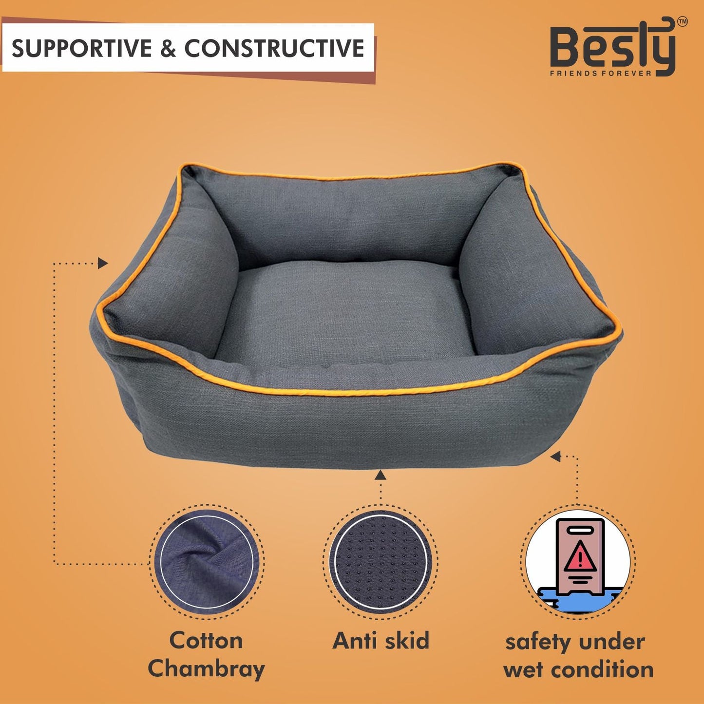 Besty Cotton Chambray Lounger Anti- Skid Pet Bed Small