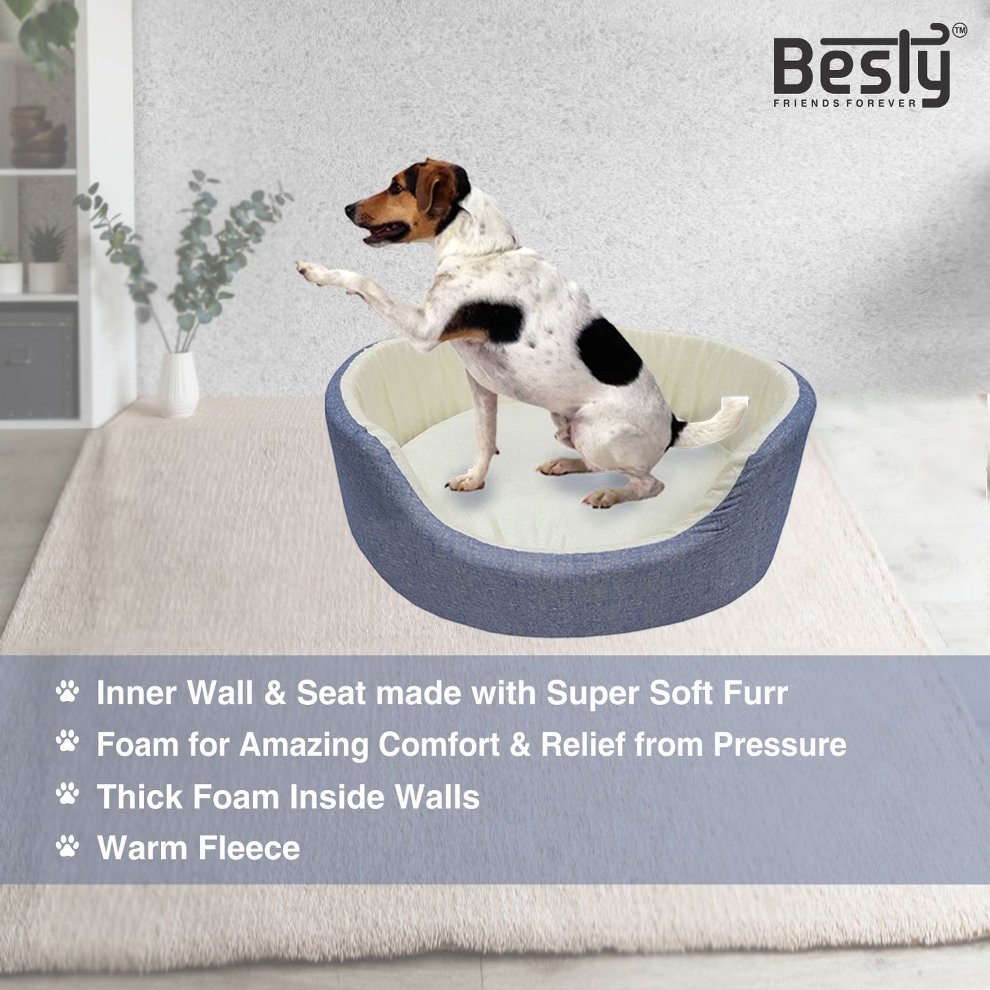 Besty Fox Style Fleece Bed Oval Shape made of Cotton Chambray (Export Quality) Bed  for Dog/Cat (Small, Light Blue)