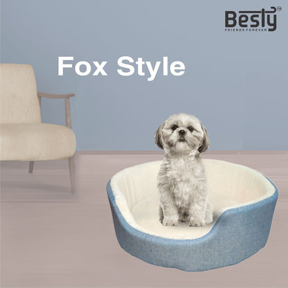 Besty Fox Style Fleece Bed Oval Shape made of Cotton Chambray (Export Quality) Bed  for Dog/Cat (Small, Light Blue)